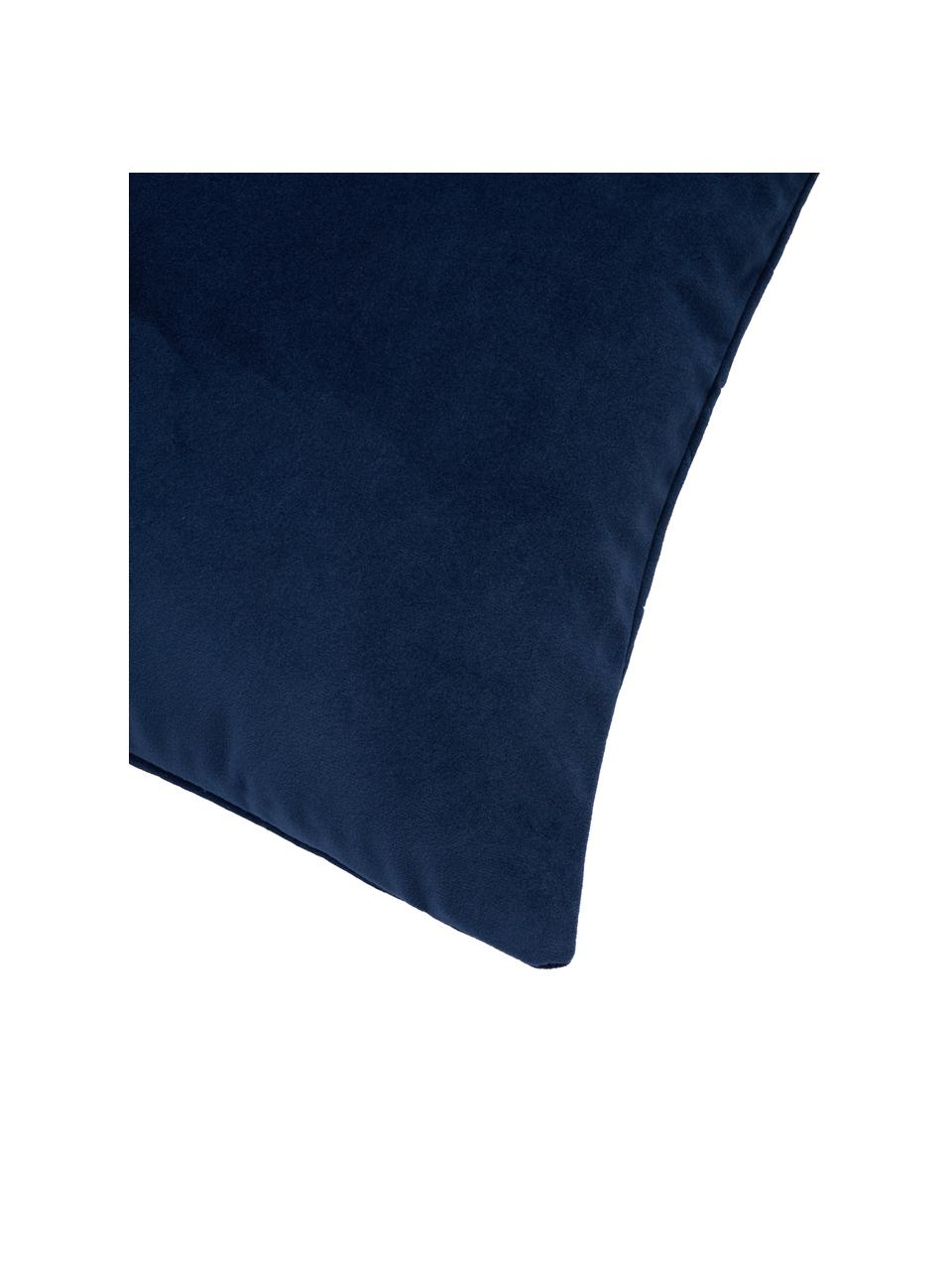 Federa arredo in velluto blu scuro con abbellimento decorativo Hera, 100% poliestere riciclato, Velluto blu scuro, Larg. 45 x Lung. 45 cm