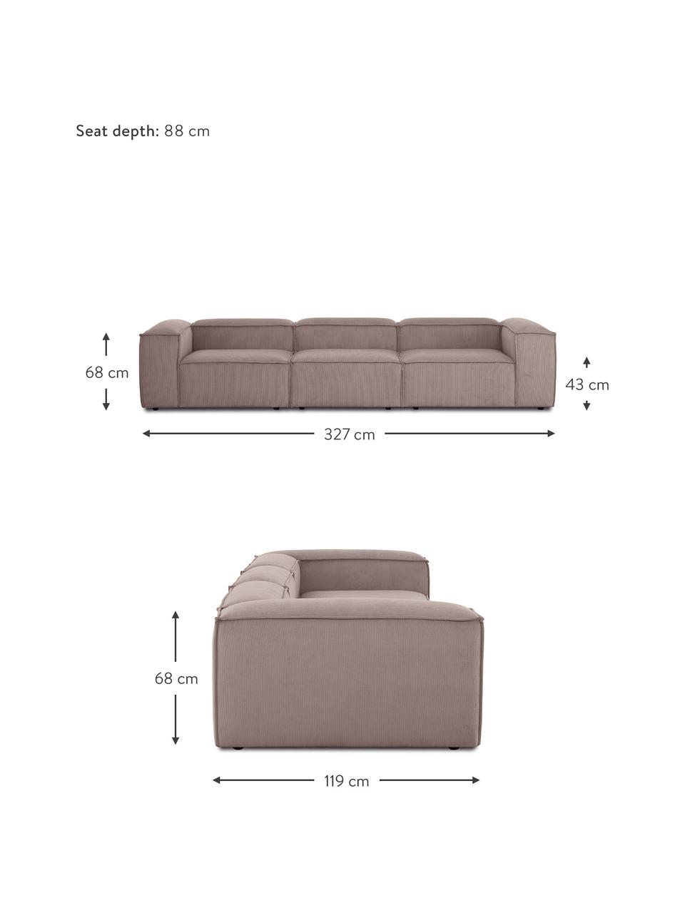 Modulares Sofa Lennon (4-Sitzer) in Braun aus Cord, Bezug: Cord (92% Polyester, 8% P, Gestell: Massives Kiefernholz, FSC, Füße: Kunststoff Die Füße befin, Cord Braun, B 327 x T 119 cm