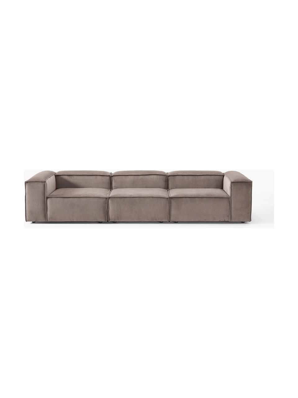 Modulares Sofa Lennon (4-Sitzer) aus Cord, Bezug: Cord (92 % Polyester, 8 %, Gestell: Massives Kiefernholz, Spe, Füße: Kunststoff Dieses Produkt, Cord Taupe, B 327 x T 119 cm