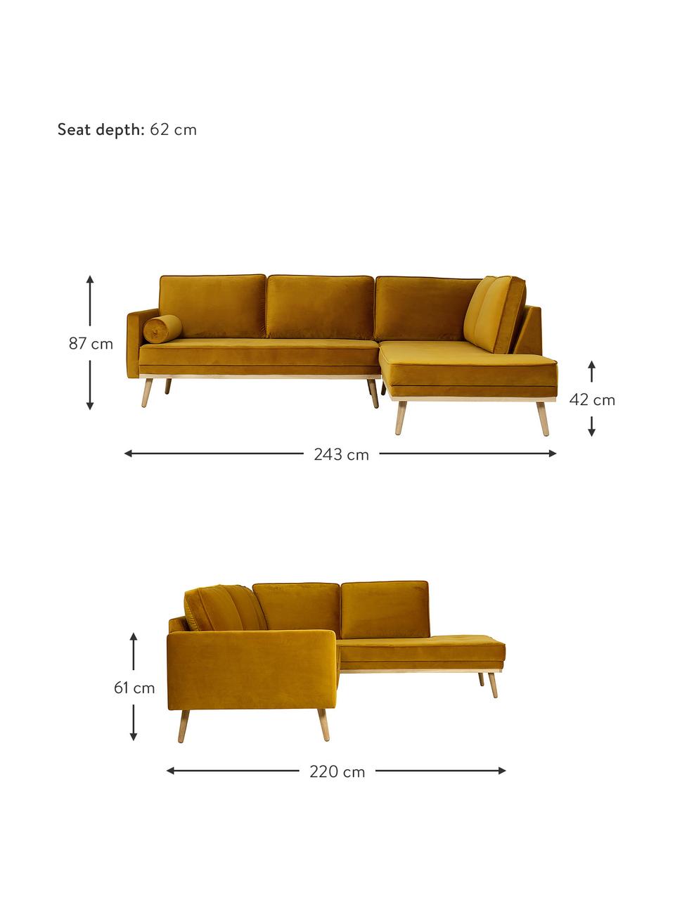 Canapé d'angle 3 places velours jaune moutarde Saint, Velours jaune moutarde, larg. 243 x prof. 220 cm