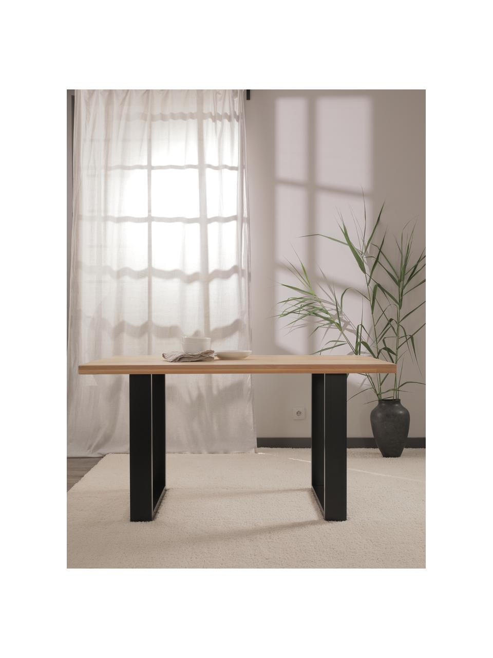 Mesa de comedor Oliver, tablero de madera maciza, Tablero: madera de roble silvestre, Patas: metal con pintura en polv, Roble, negro, An 180 x F 90 cm