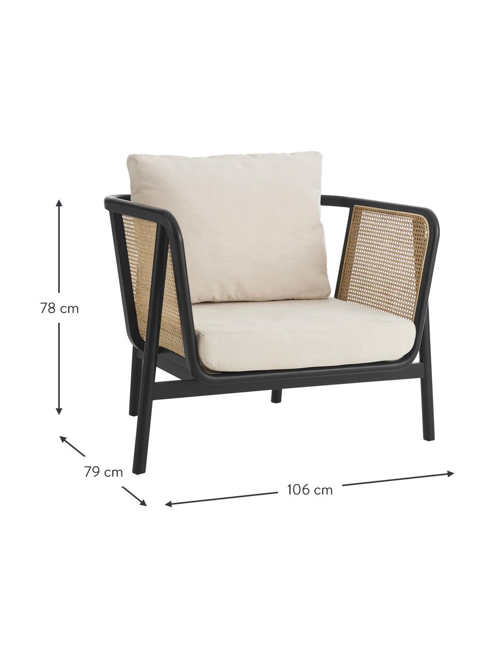 Fauteuil lounge en rotin Callo, Tissu blanc crème, noir, larg. 106 x prof. 79 cm