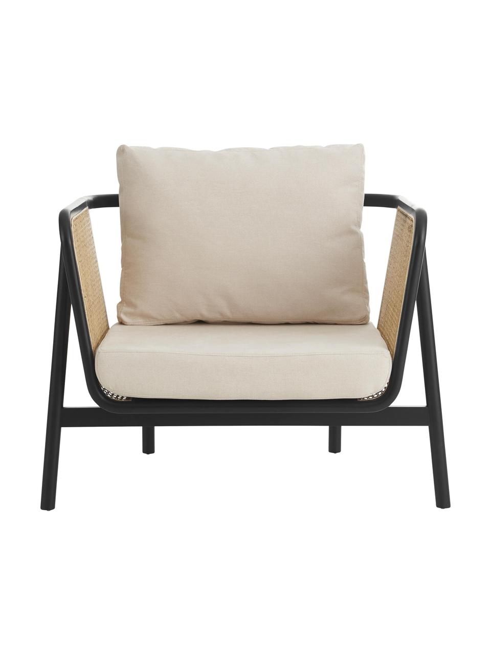 Fauteuil lounge en rotin Callo, Tissu blanc crème, noir, larg. 106 x prof. 79 cm