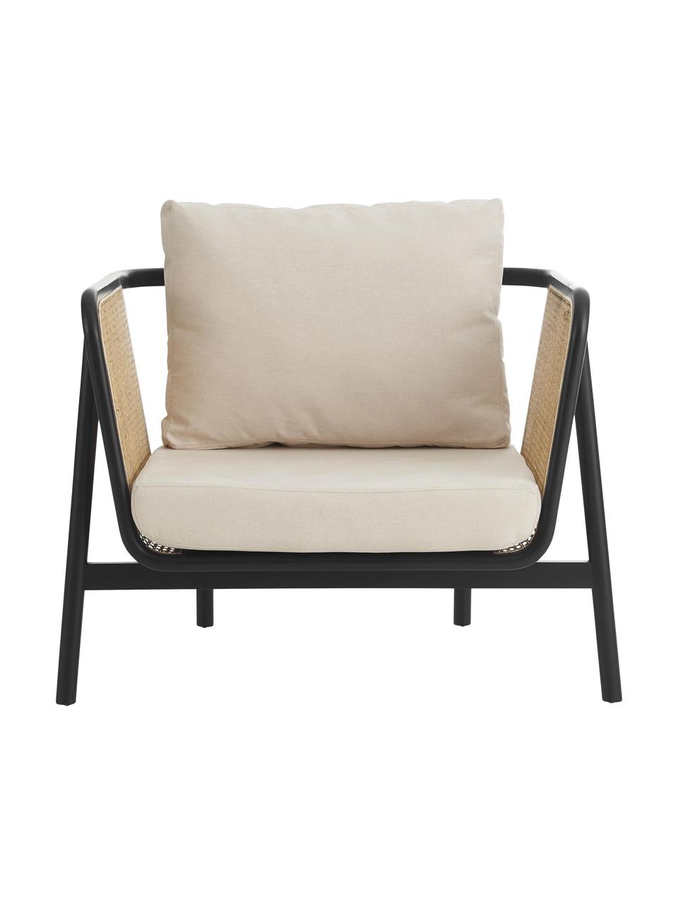 Lounge fauteuil Callo van rotan in zwart, Frame: beukenhout gelakt, FSC-ge, Geweven stof crèmewit, beukenhout zwart gelakt, B 106 cm x D 79 cm