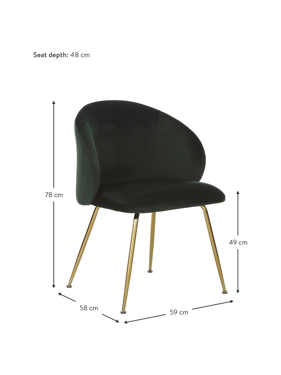 Fluwelen stoelen Luisa, 2 stuks, Bekleding: fluweel (100% polyester) , Poten: essenhout, FSC-gecertific, Fluweel donkergroen, goudkleurig, B 59 x D 58 cm