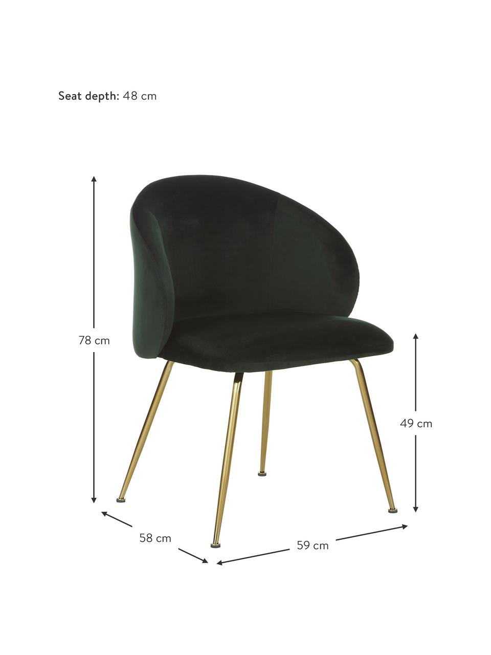 Sillas tapizadas en terciopelo Luisa, 2 uds., Tapizado: terciopelo de poliéster A, Patas: metal con pintura en polv, Terciopelo verde oscuro, dorado, An 59 x F 58 cm