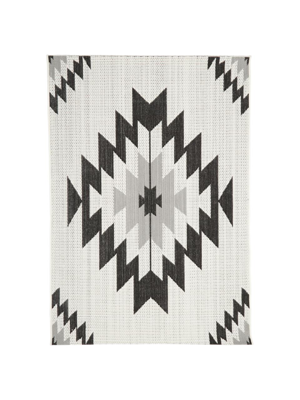 Tapis d'extérieur ethnique Ikat, 86 % polypropylène, 14 % polyester, Blanc crème, noir, gris, larg. 200 x long. 290 cm (taille L)