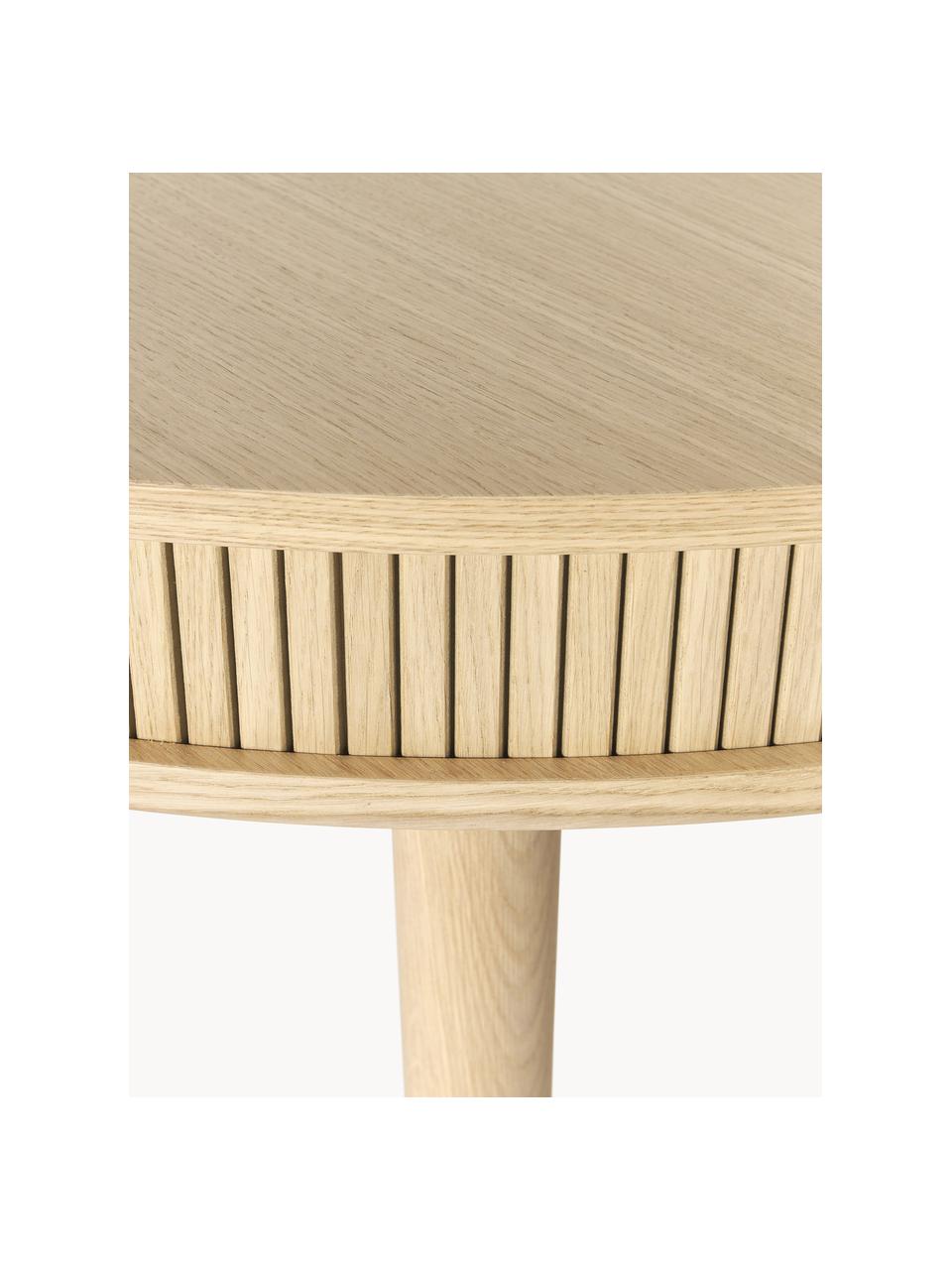 Mesa de comedor redonda Calary, Ø 120 cm, con espacio de almacenamiento, Tablero: tablero de fibra de densi, Patas: madera de roble, Madera de roble, Ø 120 cm