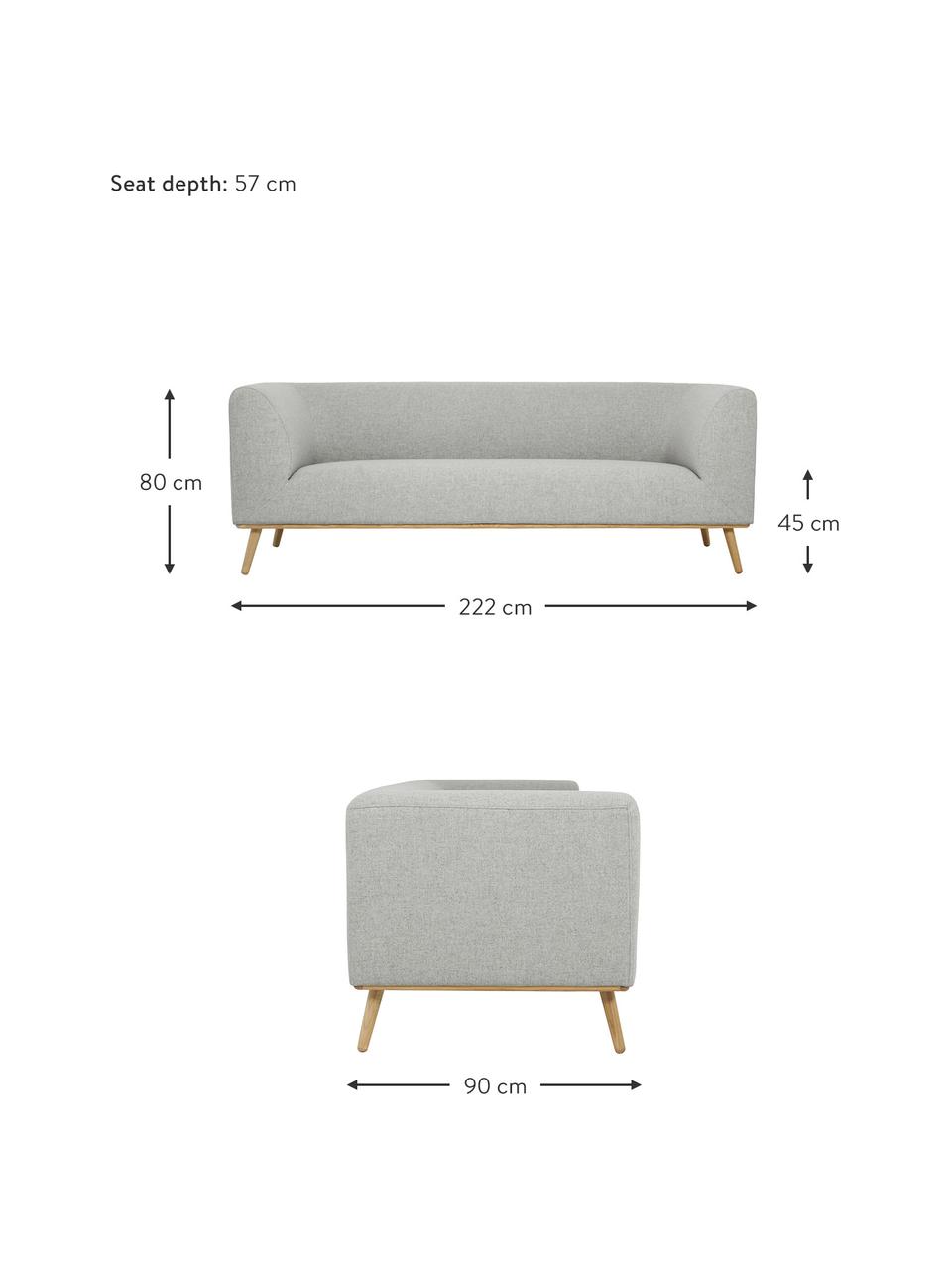 Divano 3 posti con piedini in legno di quercia Archie, Rivestimento: 100% lana, Struttura: legno di pino, certificat, Gambe: legno massello di rovere,, Tessuto grigio chiaro, Larg. 222 x Prof. 90 cm