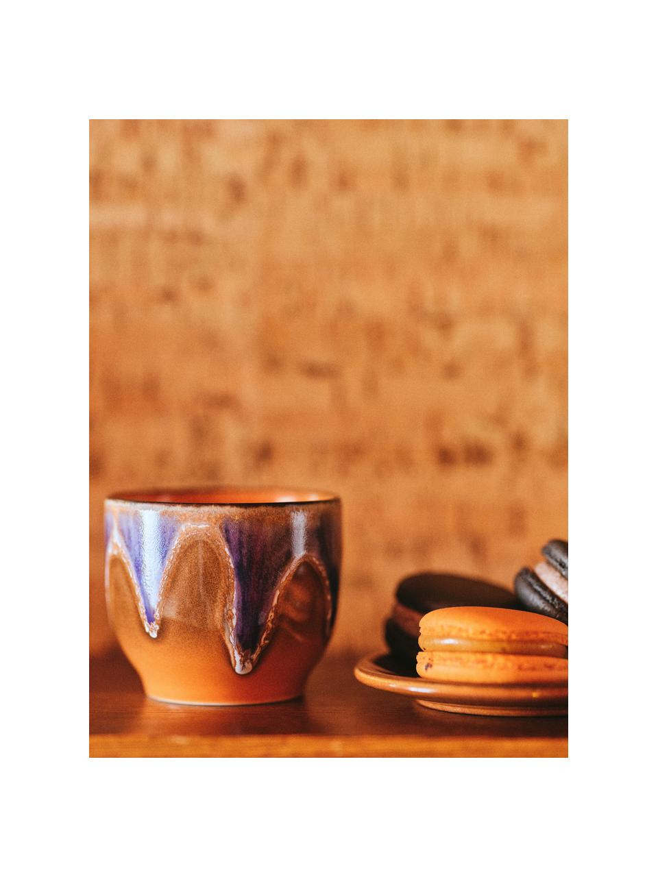 Handgemachte Keramik-Kaffeebecher 70's, 4 Stück, Keramik, Braun, Dunkelblau, Ø 8 x H 7 cm, 230 ml