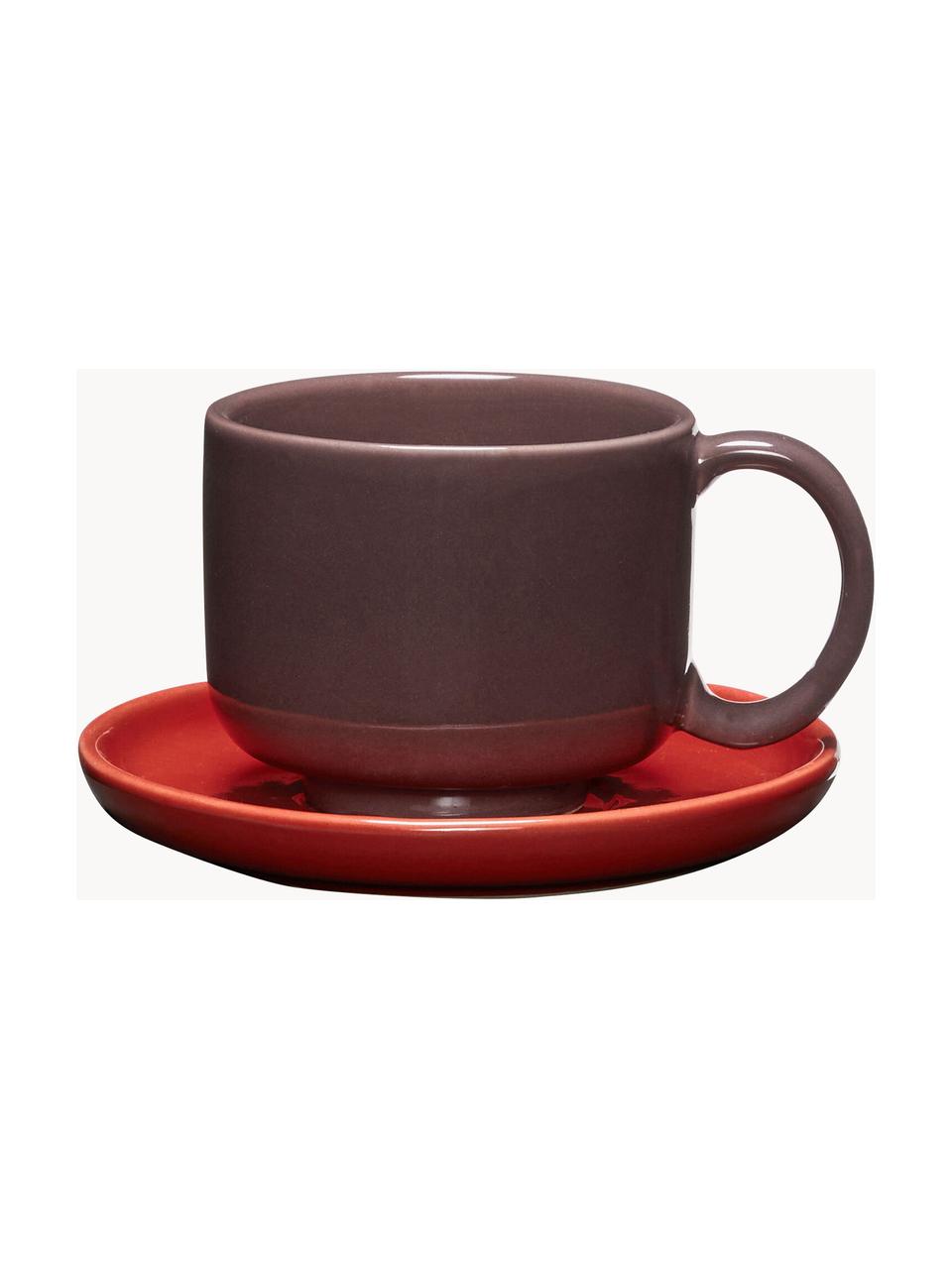 Handgefertigte Tasse Amare mit Unterteller, Steinpulver, Pflaume, Rot, Ø 9 x H 6 cm, 200 ml