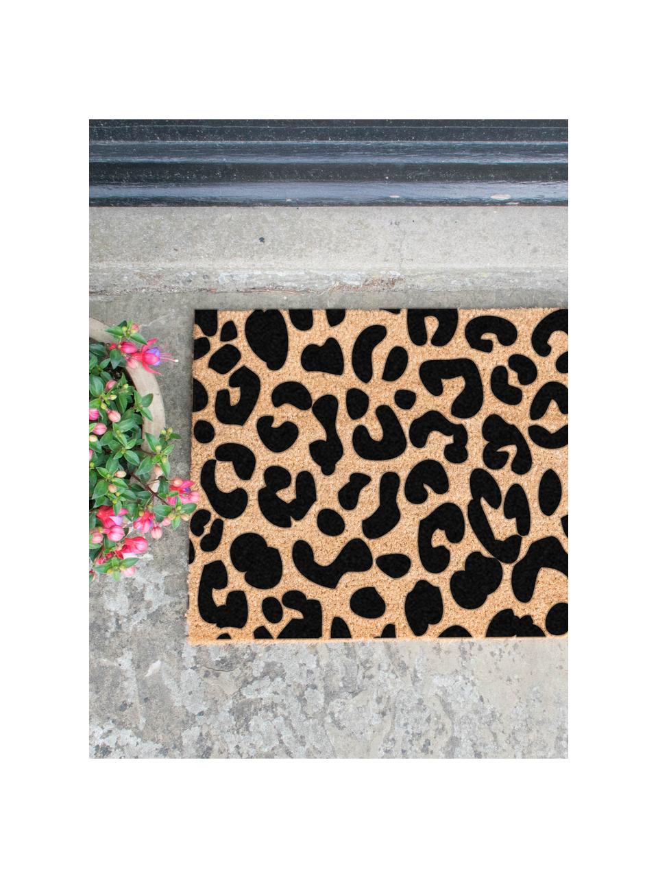 Felpudo Leopard, Parte superior: fibras de coco, Reverso: PVC, Beige, negro, An 40 x L 60 cm