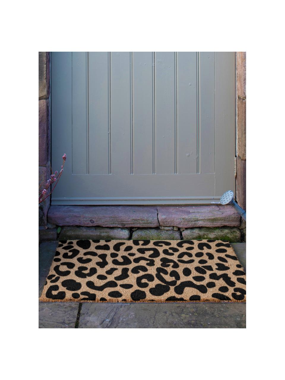 Felpudo Leopard, Parte superior: fibras de coco, Reverso: PVC, Beige, negro, An 40 x L 60 cm