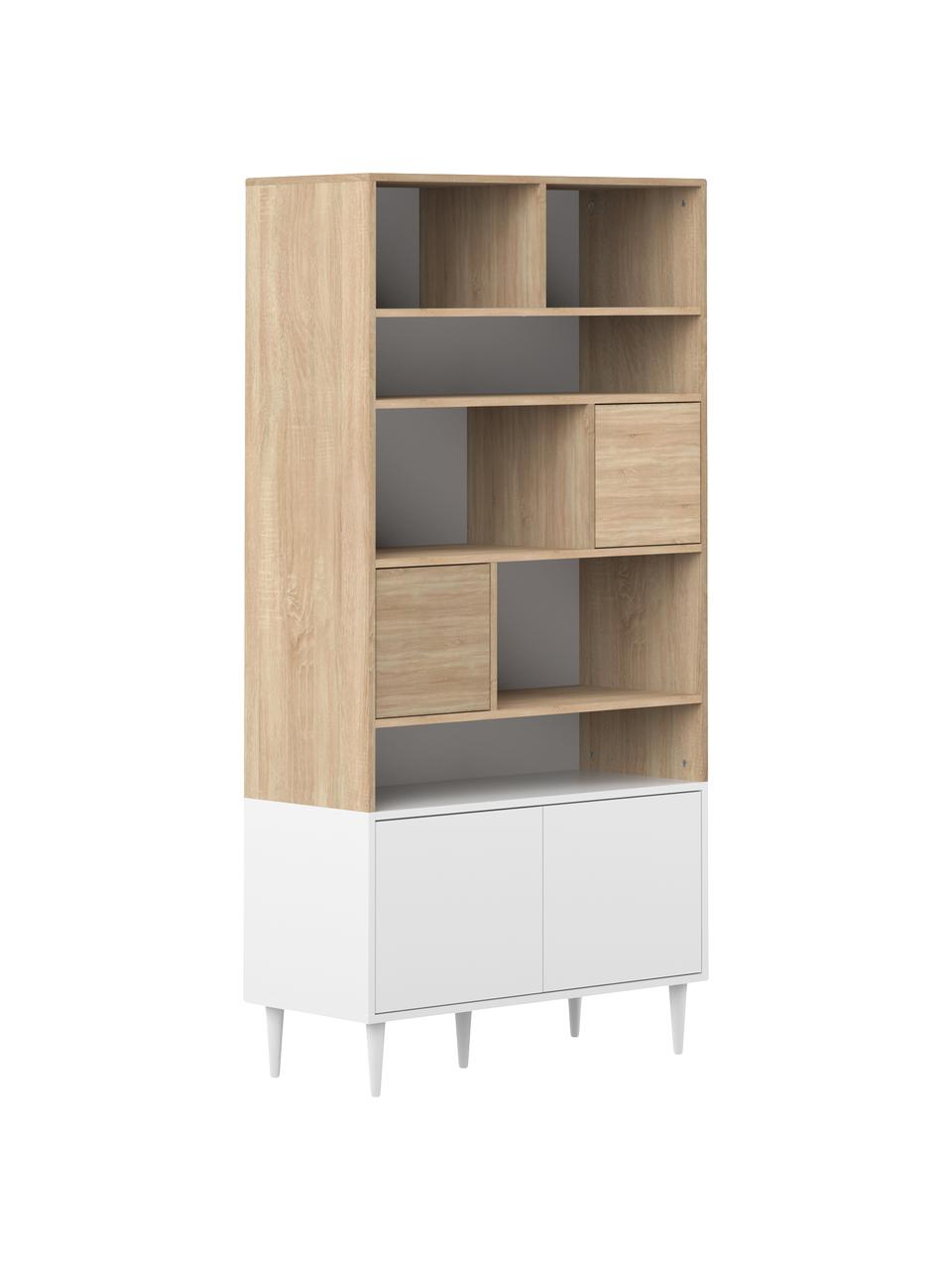 Libreria in design scandinavo Horizon, Piedini: legno di faggio, massicci, Legno di quercia, bianco, Larg. 90 x Alt. 180 cm