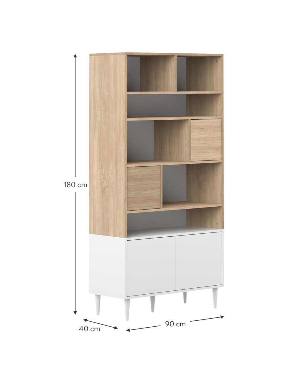 Libreria in design scandinavo Horizon, Piedini: legno di faggio, massicci, Legno di quercia, bianco, Larg. 90 x Alt. 180 cm