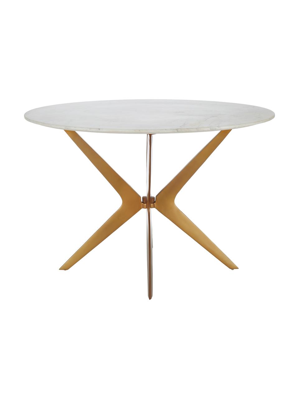 Mesa de comedor redonda Safia, tablero en aspecto mármol, Tablero: mármol, Patas: metal con pintura en polv, Mármol blanco grisaceo, dorado mate, Ø 120 x Al 76 cm