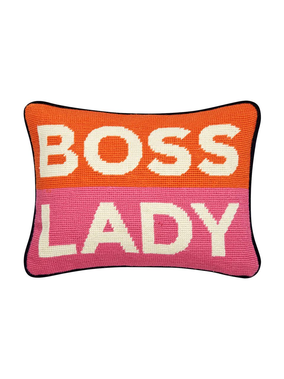 Cojín pequeño de diseño bordado Boss Lady, con relleno, Parte delantera: 100% lana, Parte trasera: terciopelo de algodón, Naranja, blanco, rosa, azul marino, An 23 x L 30 cm