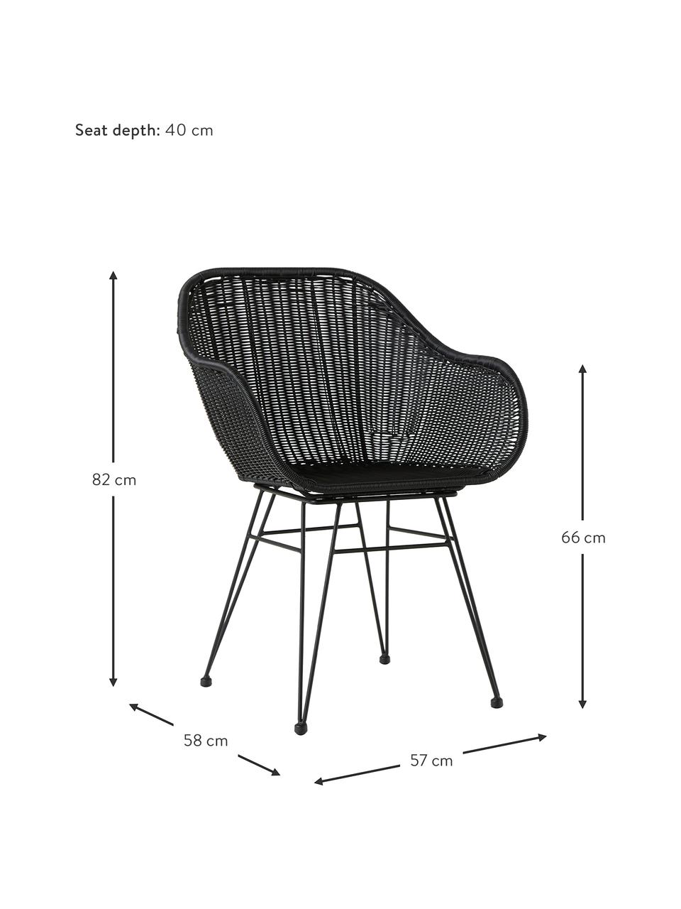 Polyrattan-Armlehnstühle Costa, 2 Stück, Sitzfläche: Polyethylen-Geflecht, Gestell: Metall, pulverbeschichtet, Schwarz, B 57 x T 58 cm