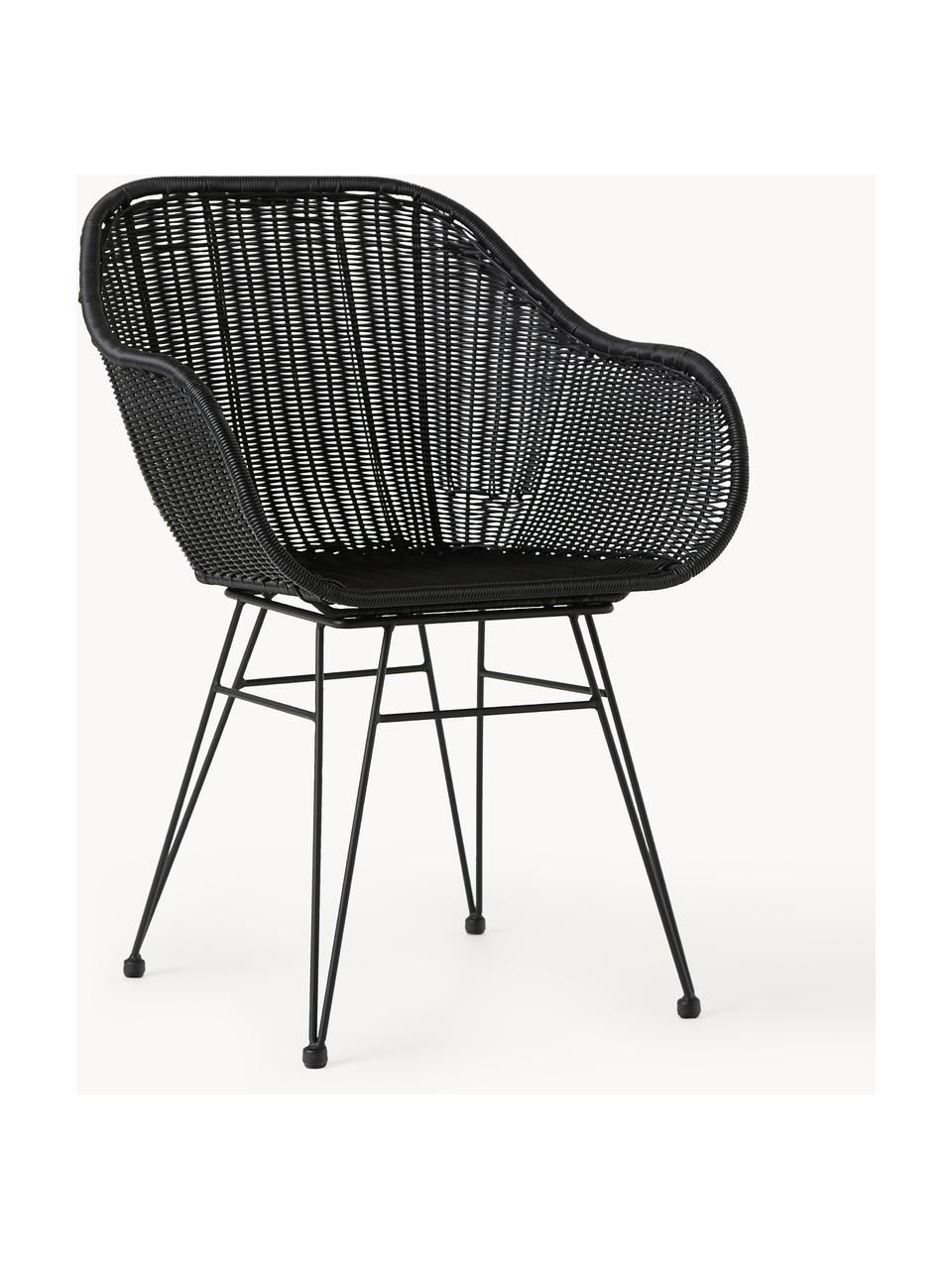 Krzesło z podłokietnikami z polirattanu Costa, 2 szt., Stelaż: metal malowany proszkowo, Czarny, S 57 x G 58 cm