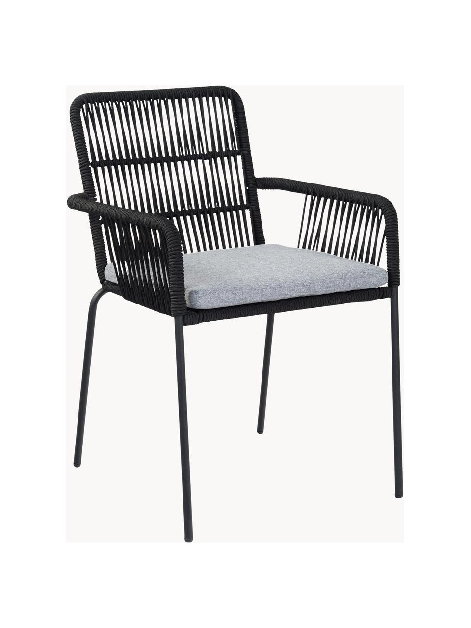 Armstoelen Sando met zitkussen, 2 stuks, Zitvlak: polyethyleen vlechtwerk, Frame: gepoedercoat metaal, Geweven stof grijs, zwart, B 55 x D 65 cm