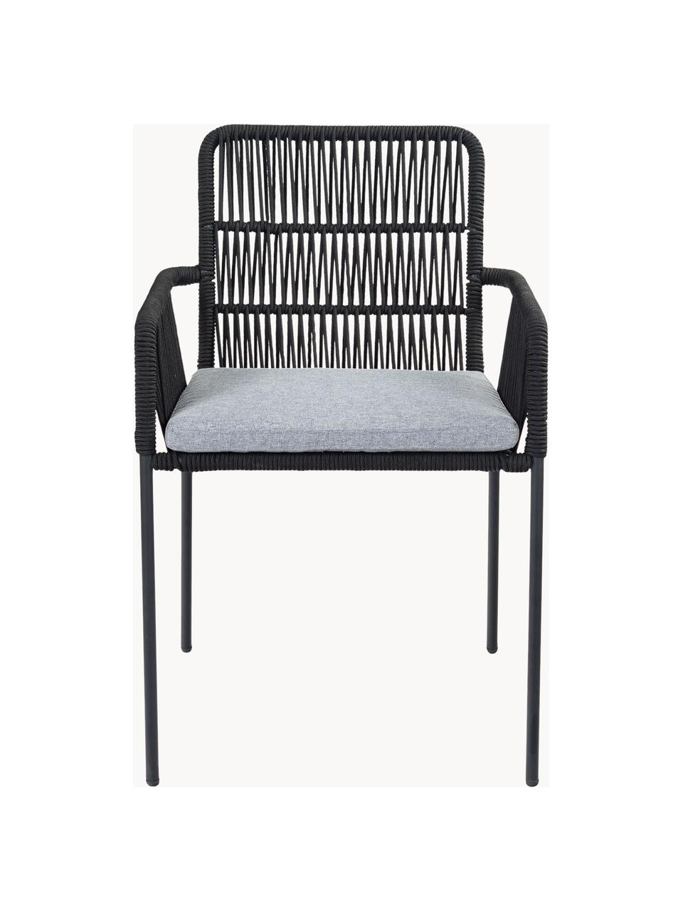 Armstoelen Sando met zitkussen, 2 stuks, Zitvlak: polyethyleen vlechtwerk, Frame: gepoedercoat metaal, Geweven stof grijs, zwart, B 55 x D 65 cm