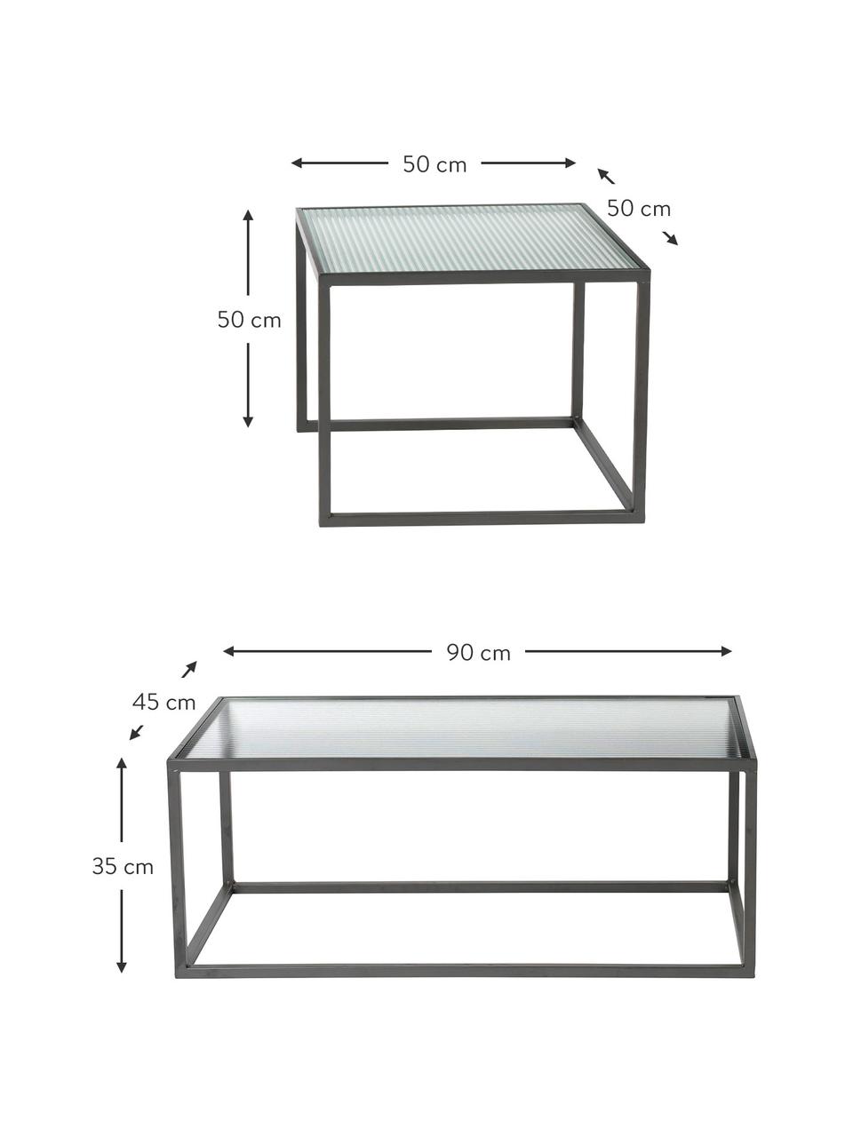 Set de mesas de centro Boli, 2 pzas., con tablero de vidrio estriado, Tablero: vidrio, Estructura: metal con pintura en polv, Transparente, negro, Set de diferentes tamaños