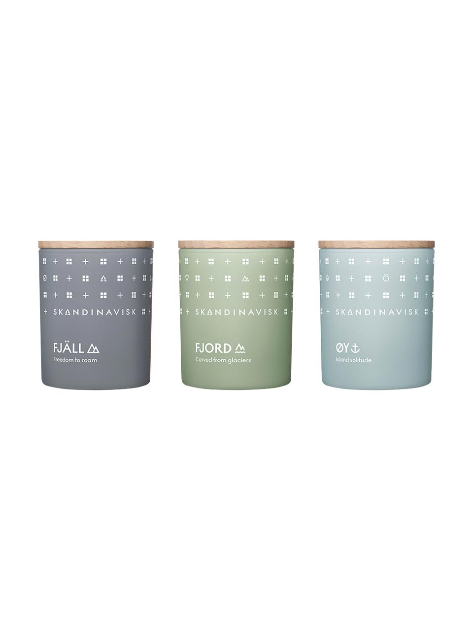 Velas perfumadas Explore, 3 uds., Recipiente: vidrio, Caja: cartón, Fragancias diferentes, Cada uno Ø 5 x Al 7 cm
