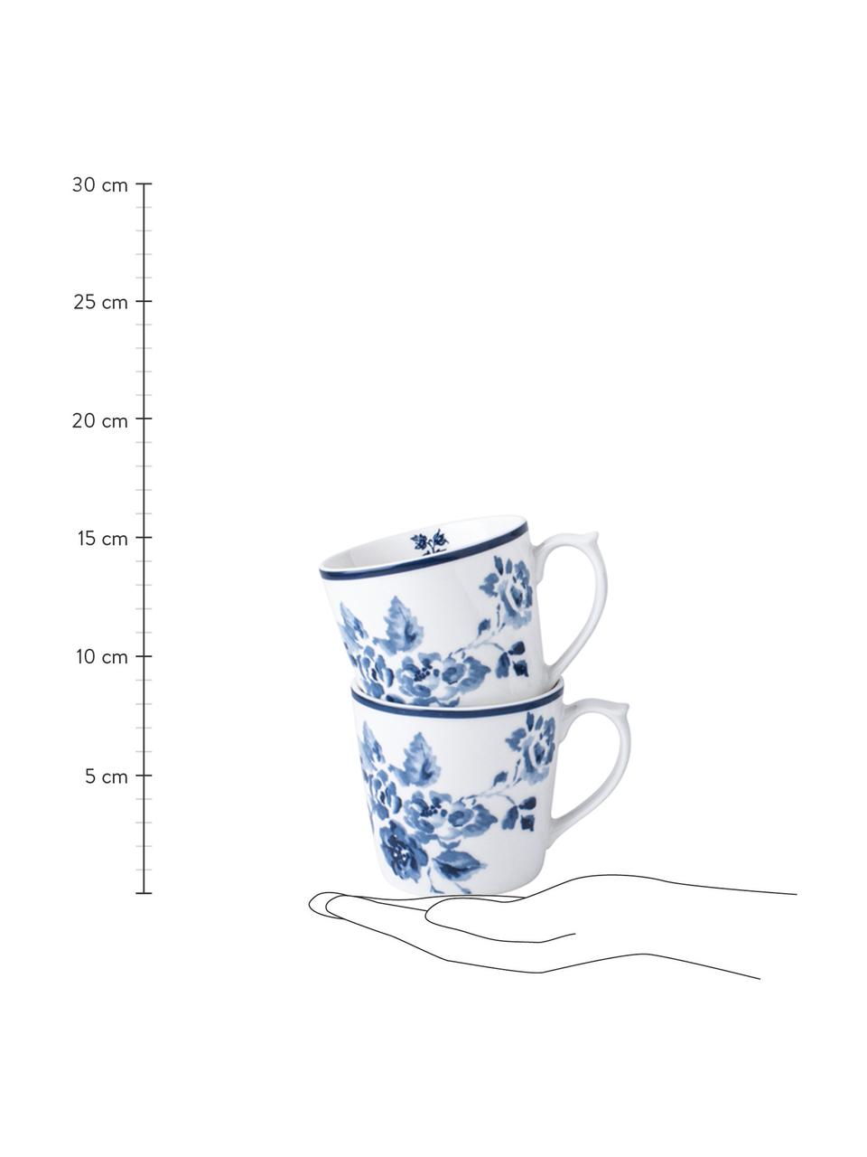 Tassen Candy Rose mit blauem Muster, 4 Stück, Fine Bone China, Weiß, Blau, Ø 9 x H 9 cm, 320 ml