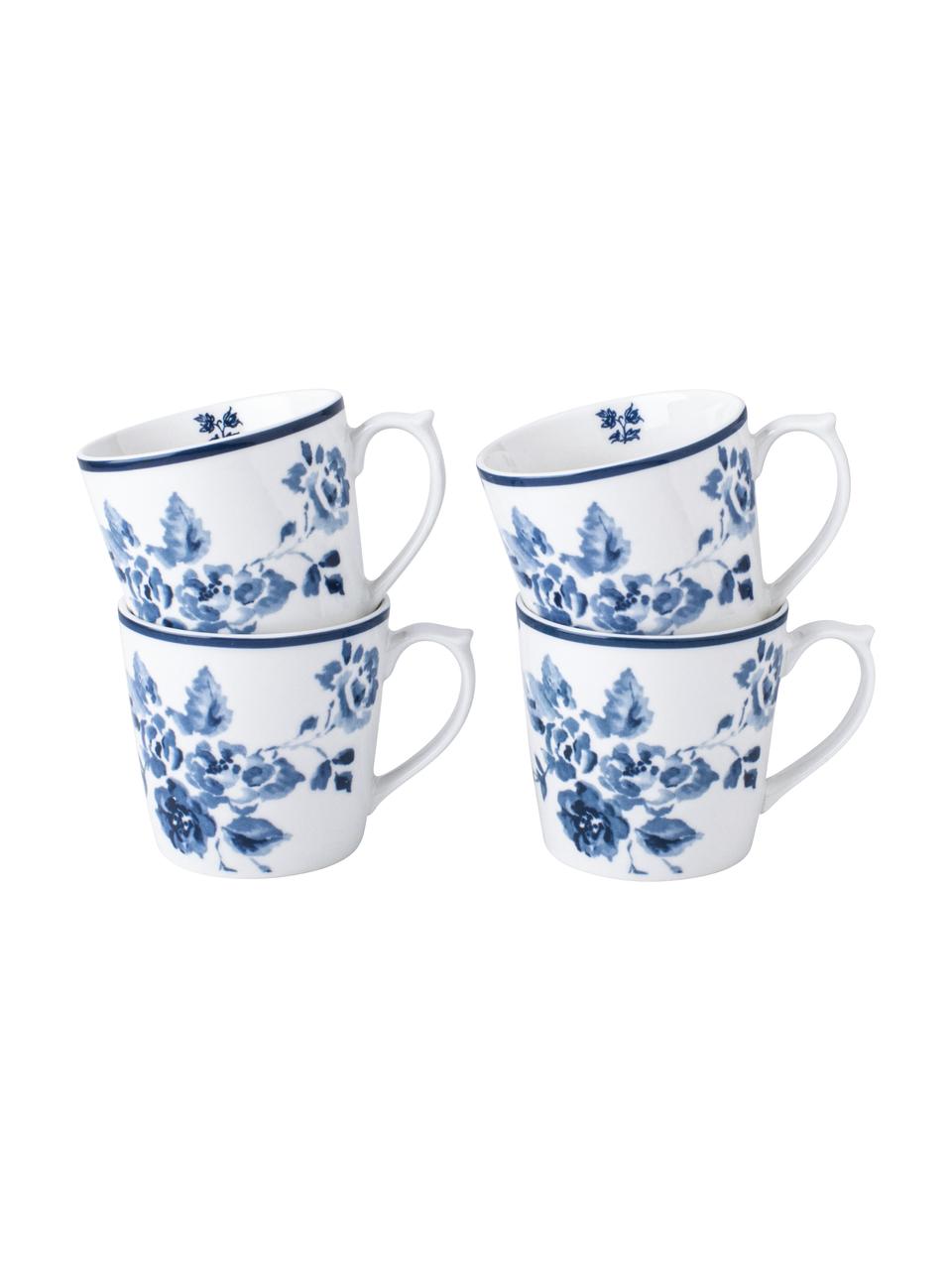 Mokken Candy Rose met blauw patroon, 4 stuks, Beenderporselein, Wit, blauw, Ø 9 x H 9 cm, 320 ml