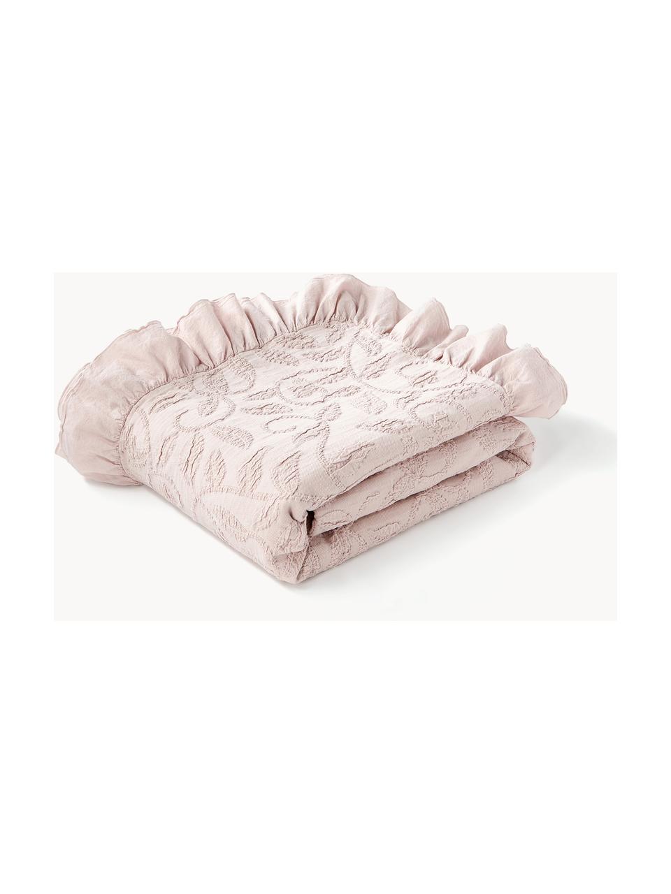 Strukturierte Baumwoll-Decke Clara mit Rüschen und floralem Muster, 99 % Baumwolle, 1% Spandex, Altrosa, B 180 x L 250 cm