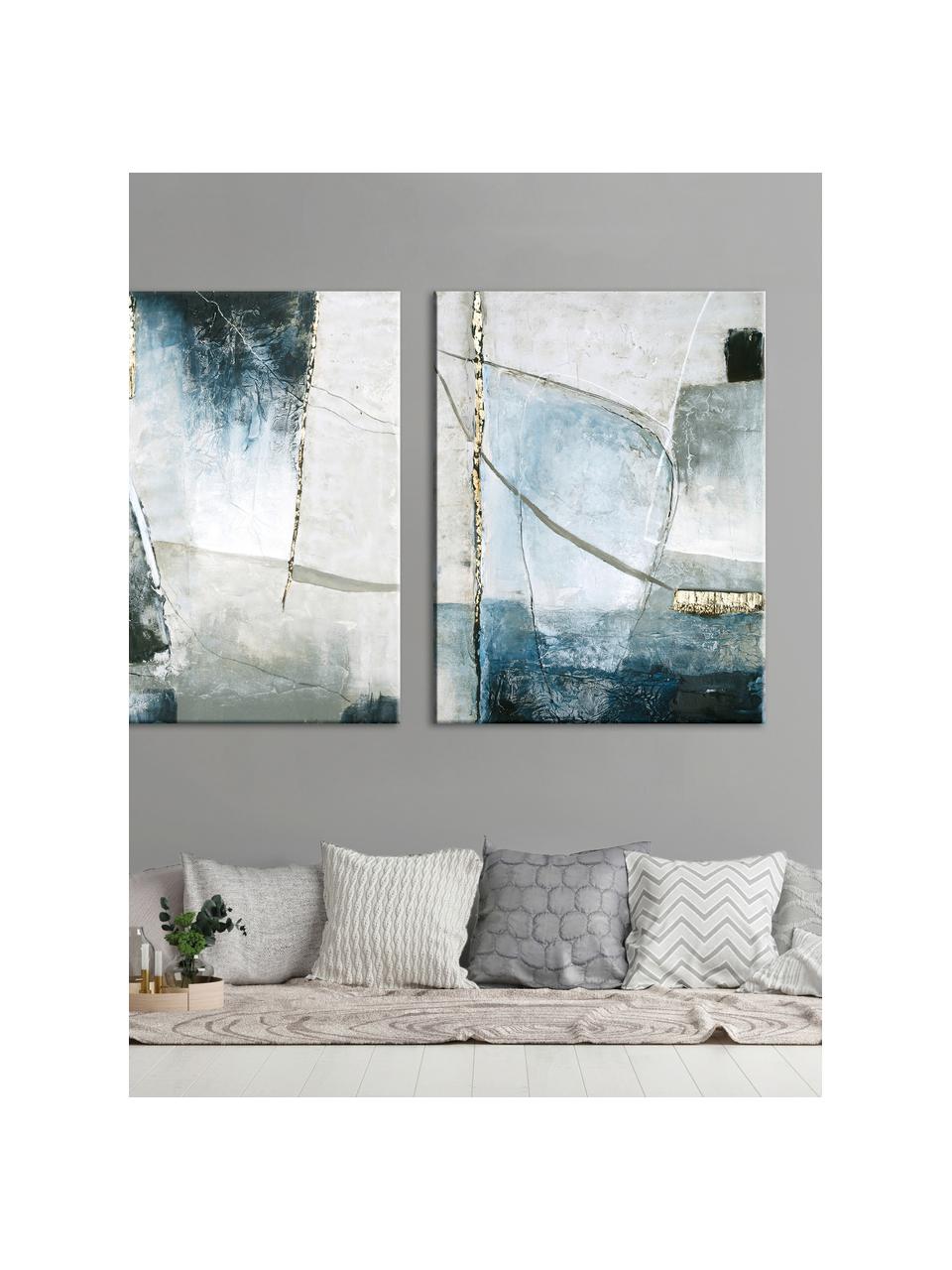 Handgeschilderde canvasdoek Golden Blue II, Grijs- en blauwtinten, B 90 x H 120 cm