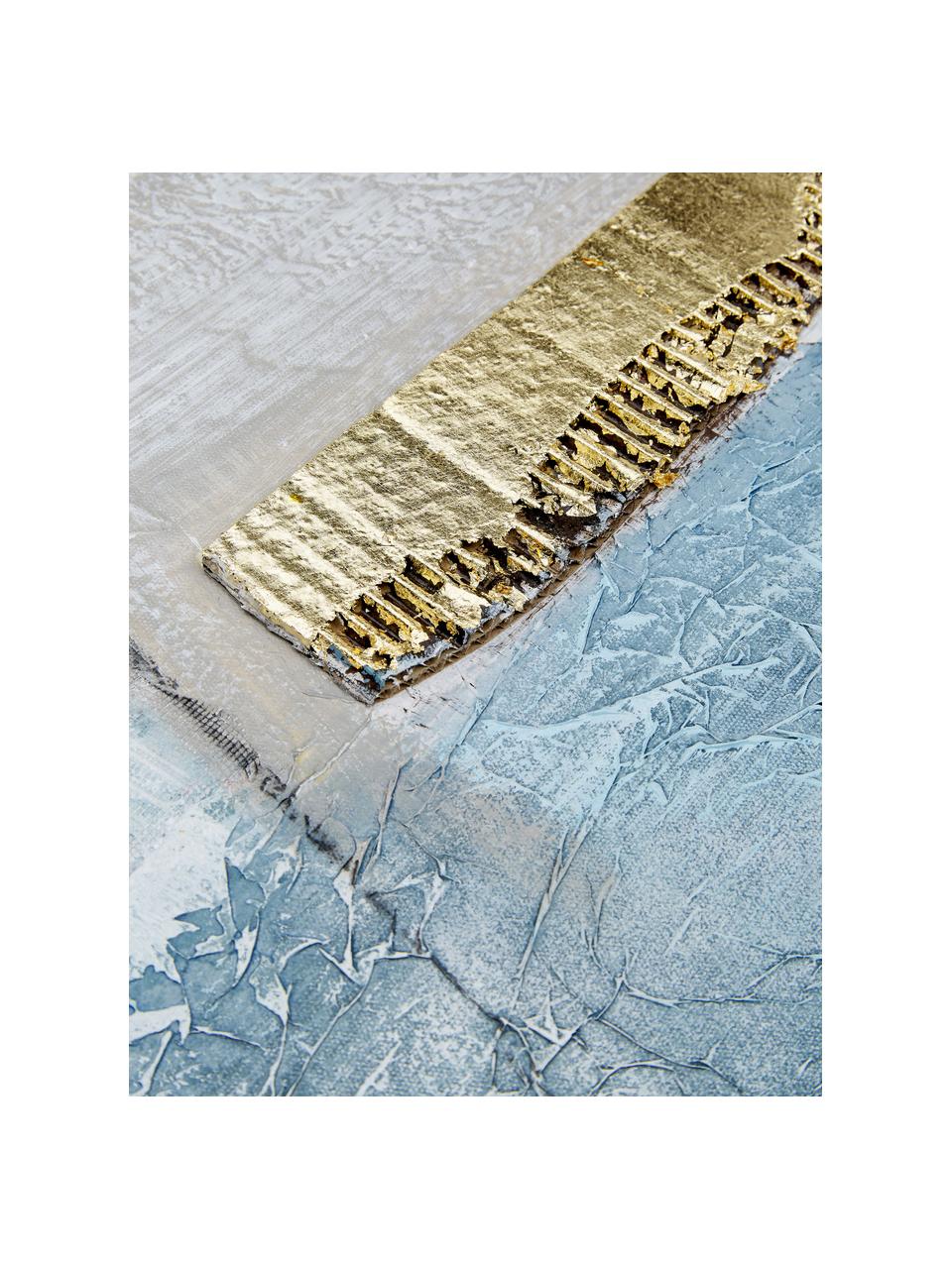 Handgeschilderde canvasdoek Golden Blue II, Grijs- en blauwtinten, B 90 x H 120 cm