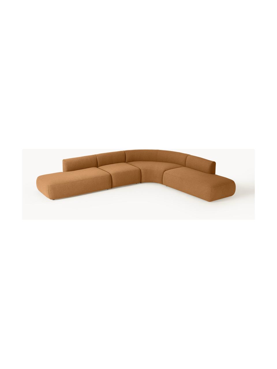 Modulaire bouclé hoekbank Sofia (4-zits), Bekleding: bouclé (100% polyester) M, Frame: sparrenhout, FSC-gecertif, Poten: kunststof, Bouclé lichtbruin, B 385 x D 298 cm