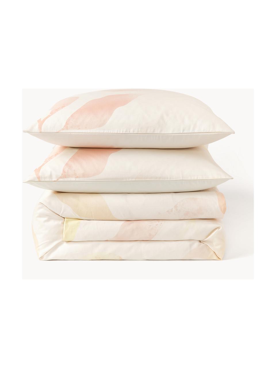 Housse de couette à imprimé floral en satin de coton Marino, Beige, tons rouges, larg. 200 x long. 200 cm