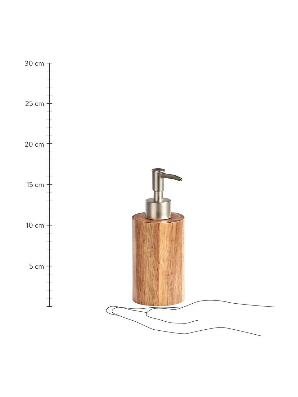 Dosatore di sapone in legno d'acacia Wood, Contenitore: legno d'acacia, Testa della pompa: plastica effetto acciaio, Legno di acacia, argentato, Ø 7 x Alt. 17 cm