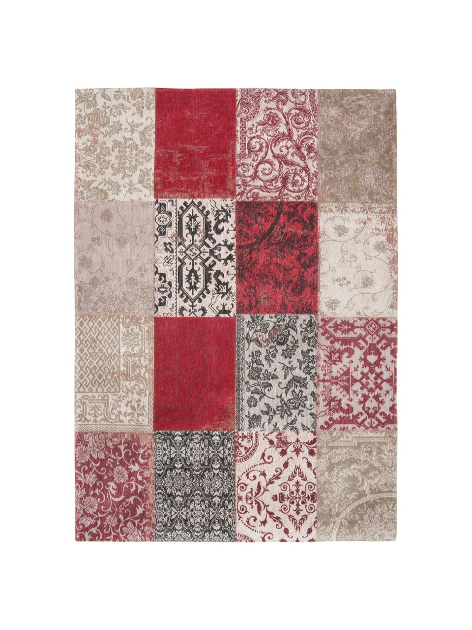 Chenille-Teppich Multi mit Patchwork-Design, Vorderseite: 85% Chenillegarn (Baumwol, Webart: Jacquard, Rückseite: Baumwollgemisch, latexbes, Rot, Beige, Schwarz, B 140 x L 200 cm (Größe S)