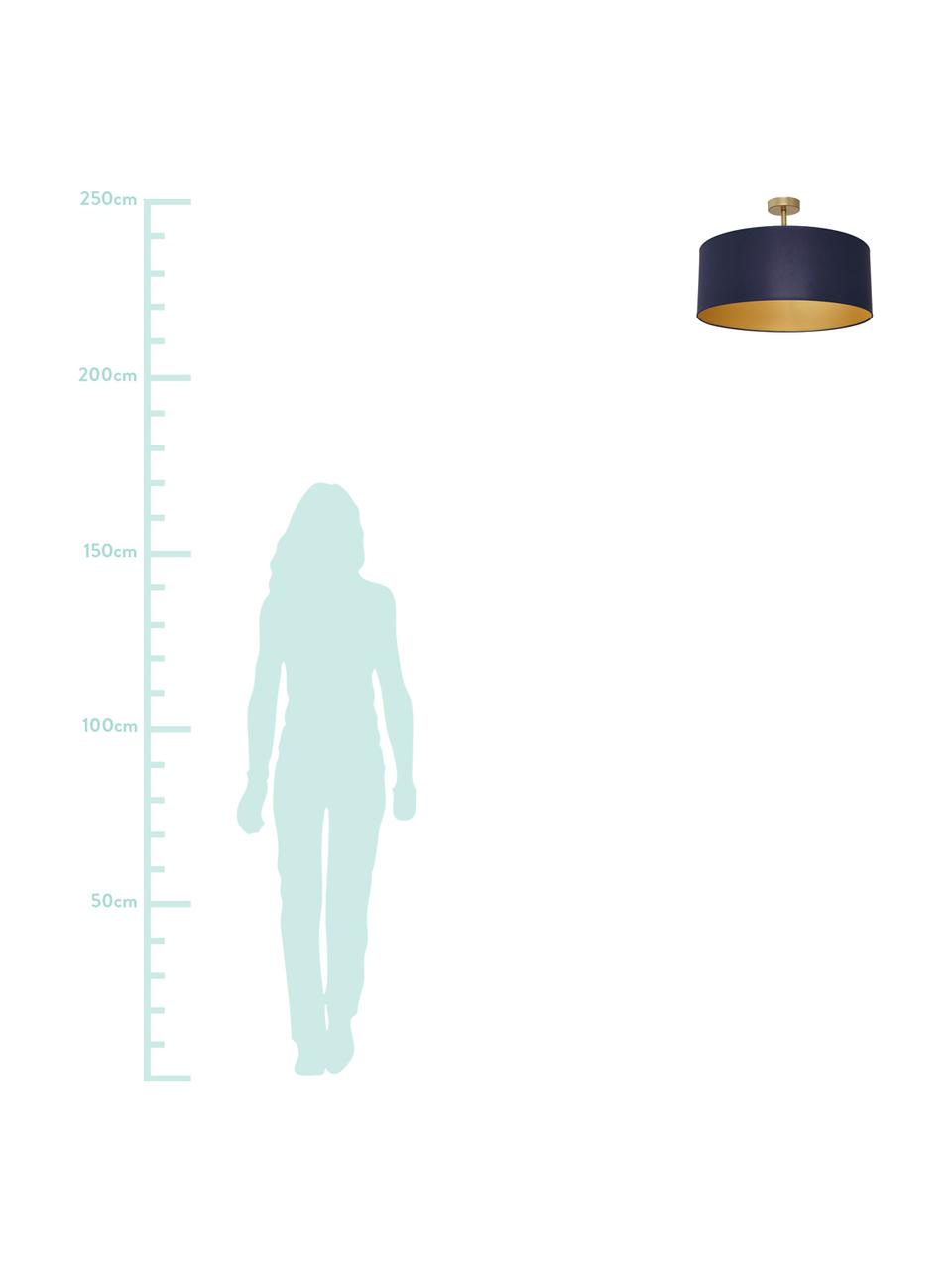Plafondlamp Benni, Lampenkap: katoenmix, Baldakijn: gecoat metaal, Marineblauw, messingkleurig, Ø 50 x H 35 cm