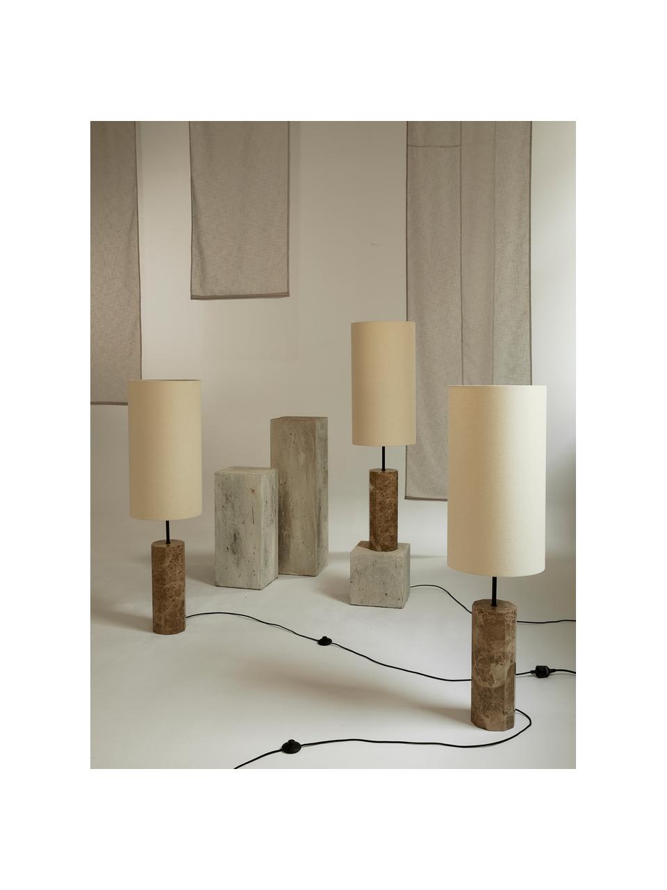 Lámpara de pie de mármol Elanor, Pantalla: lino, Estructura: mármol, Cable: cubierto en tela, Beige claro, marrón, veteado, Al 128 cm