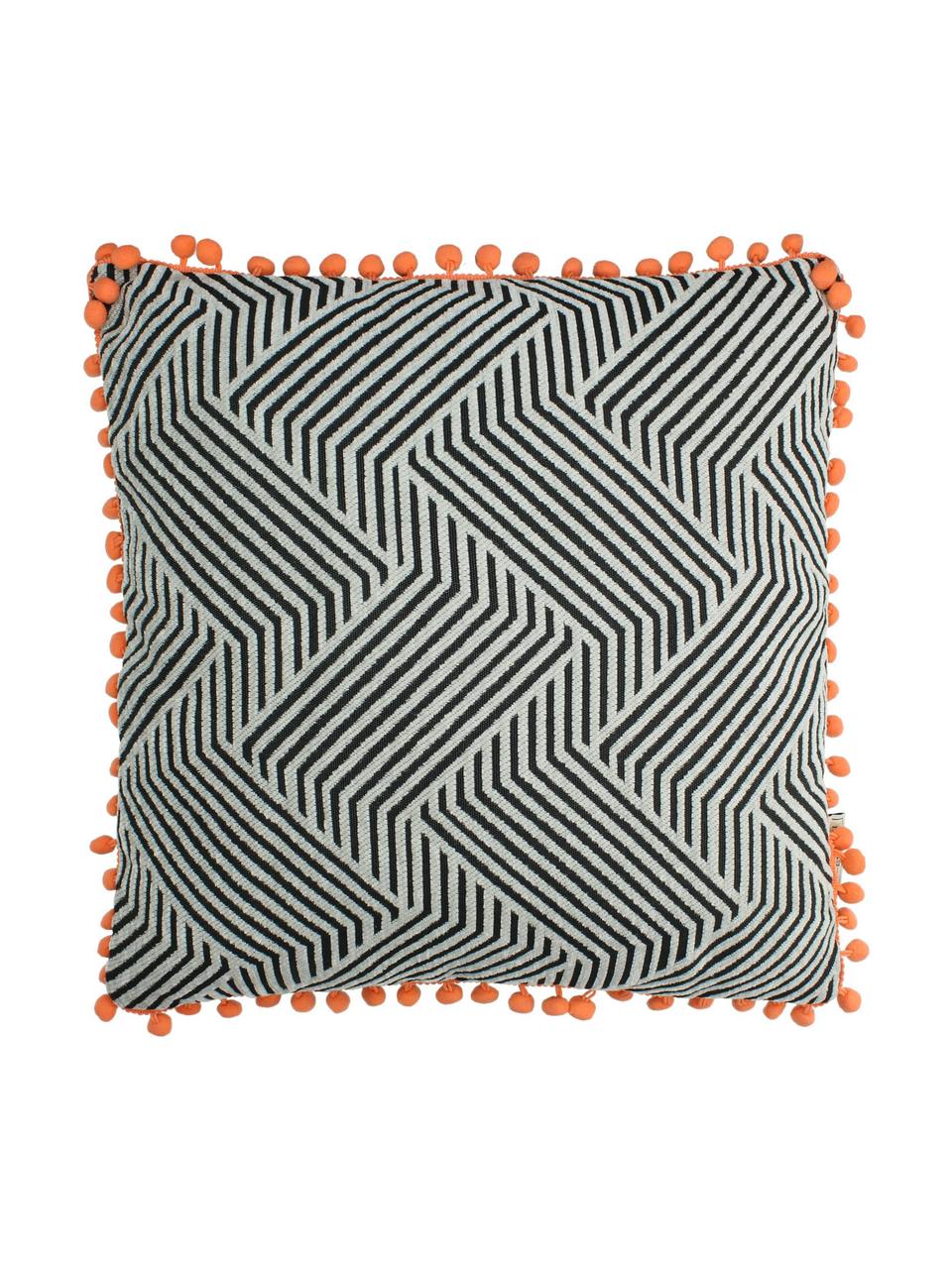 Kissen Waves mit orangefarbenden Bommeln, mit Inlett, Schwarz, gebrochenes Weiss, Orange, 45 x 45 cm