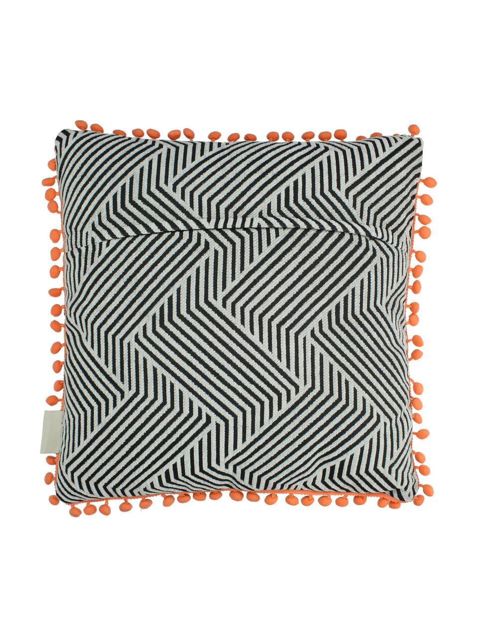 Kissen Waves mit orangefarbenden Bommeln, mit Inlett, Schwarz, gebrochenes Weiß, Orange, 45 x 45 cm