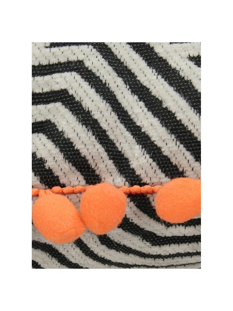 Coussin avec pompons oranges Waves, Noir, blanc cassé, orange