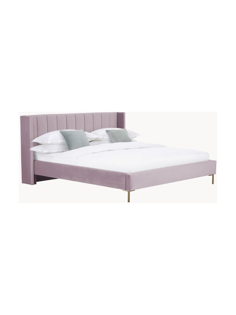 Gestoffeerd fluwelen bed Dusk, Bekleding: polyester fluweel Met 30., Frame: massief grenenhout en pla, Poten: gepoedercoat metaal Dit p, Fluweel lavendel, B 140 x L 200 cm