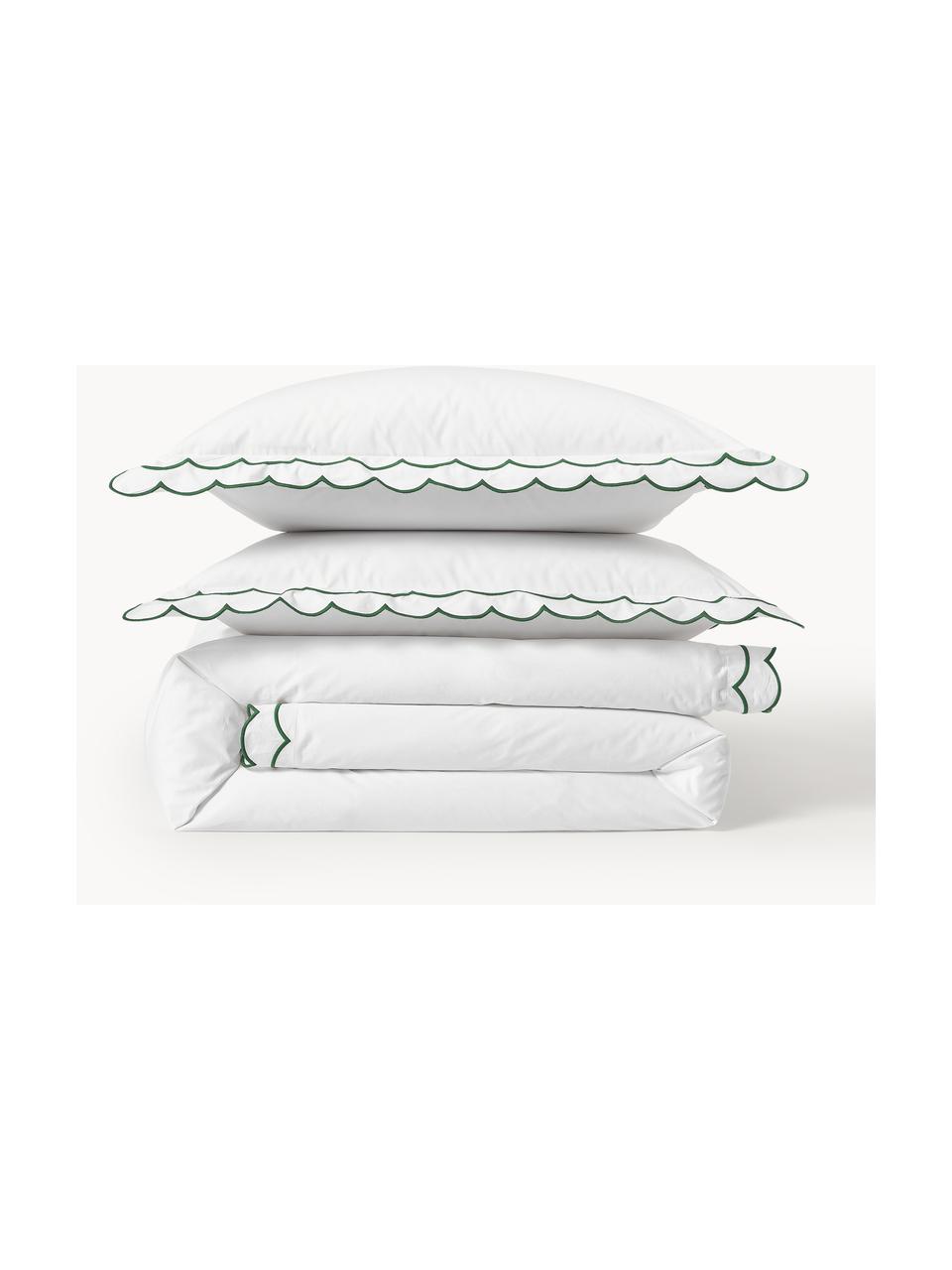 Housse de couette en percale de coton avec ourlet ondulé Atina, Blanc, vert foncé, larg. 200 x long. 200 cm