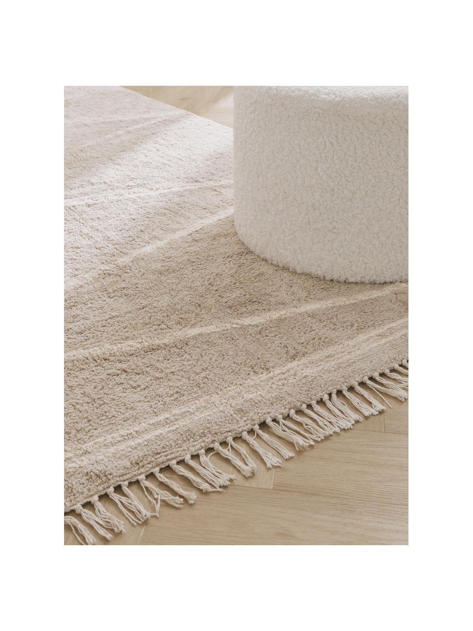 Handgetuft katoenen vloerkleed Asisa met zigzaggend patroon en franjes, Beige, wit, B 80 x L 150 cm (maat XS)
