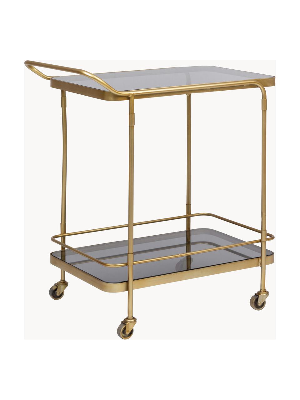 Carrello portavivande con piani in vetro Orabel, Scaffali: vetro, Struttura: acciaio verniciato a polv, Dorato, grigio scuro, trasparente, Larg. 62 x Alt. 72 cm