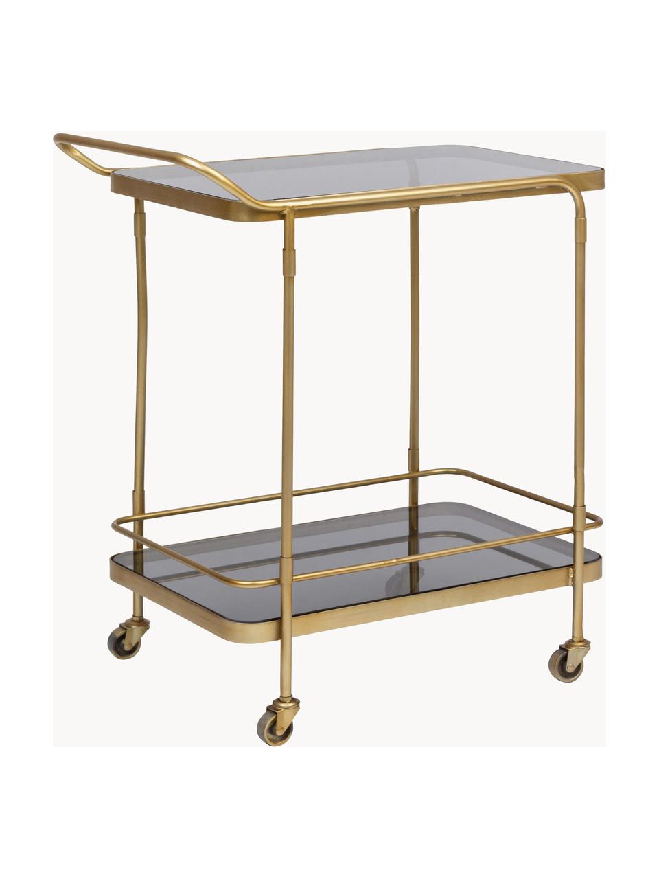 Bar cart Orabel met glazen tafelbladen, Plateaus: glas, Frame: gepoedercoat staal, Goudkleurig, donkergrijs, transparant, B 62 x H 72 cm