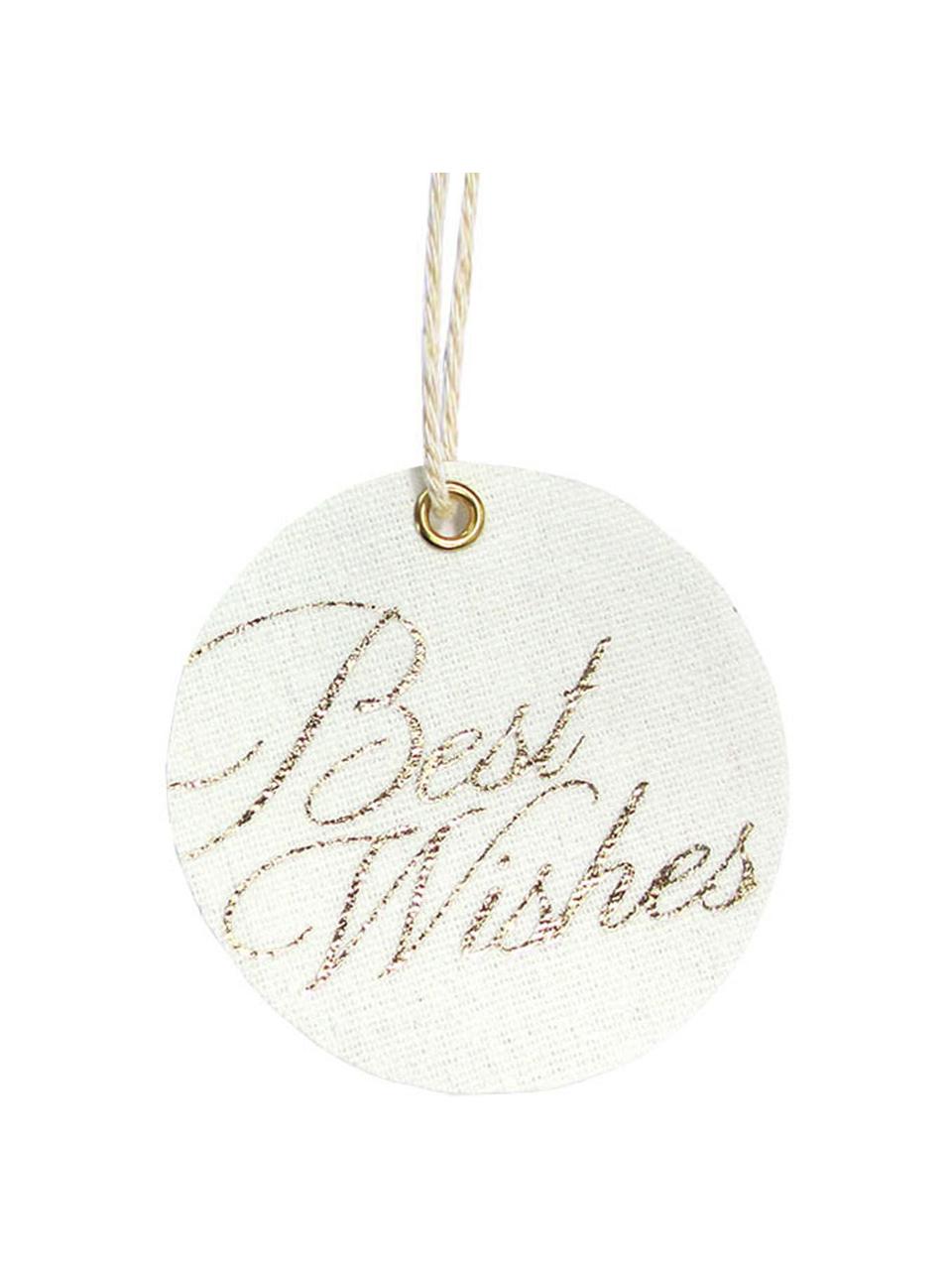 Geschenkanhänger-Set Best Wishes, 6 Stück, 60% Baumwolle, 40% Polyester, Weiß, Goldfarben, Ø 6 x H 6 cm