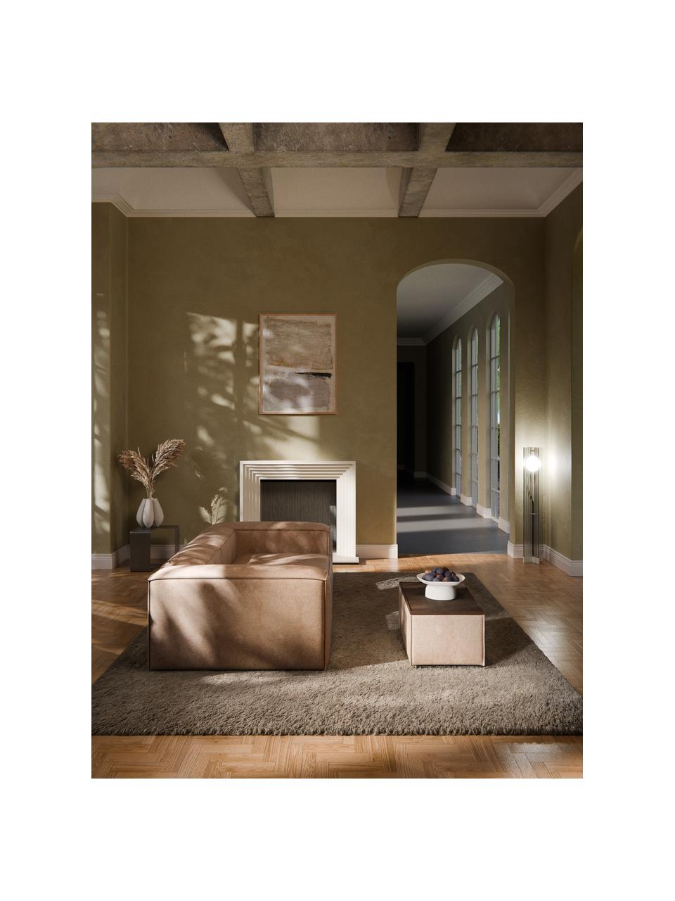 Sofa-Hocker Lennon aus Leinen-Mix mit Stauraum, Bezug: 50 % Viskose, 25 % Leinen, Tablett: Eichenholz, Spannplatte m, Gestell: Spanplatte, mitteldichte , Leinen-Mix Rostrot, dunkles Eichenholz, B 88 x T 50 cm