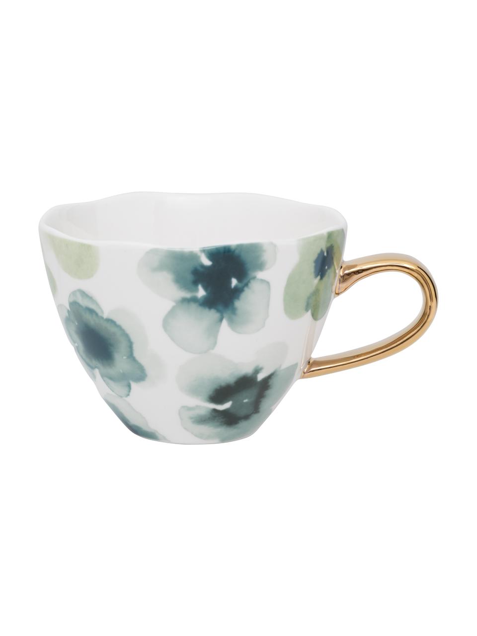 Tazza dipinta a colori vivaci con manico dorato Good Morning, New Bone China, Bianco, verde, blu, dorato, Ø 11 x Alt. 8 cm, 350 ml