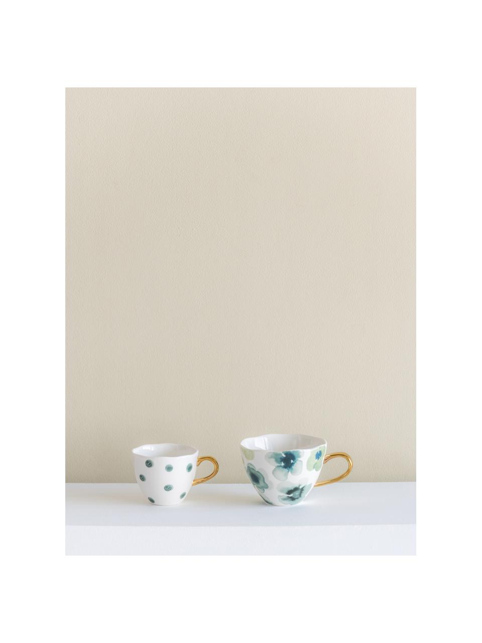 Beschilderde tasje Good Morning met goudkleurig handvat, Beenderporselein, Wit, groen, blauw, goudkleurig, Ø 11 x H 8 cm, 350 ml